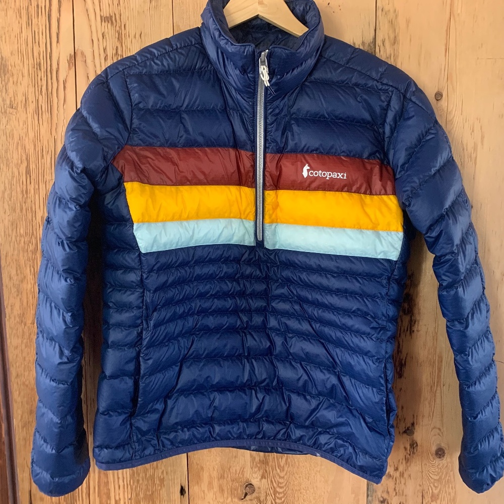 cotopaxi Navy Puffer Pullover with Red, Yellow & Light Blue Stripes